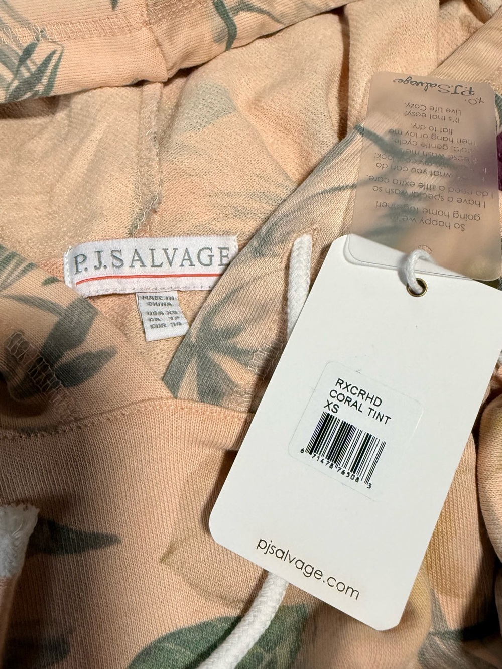 P.J. Salvage Coral Tint Hoodie with Green Leaf Print